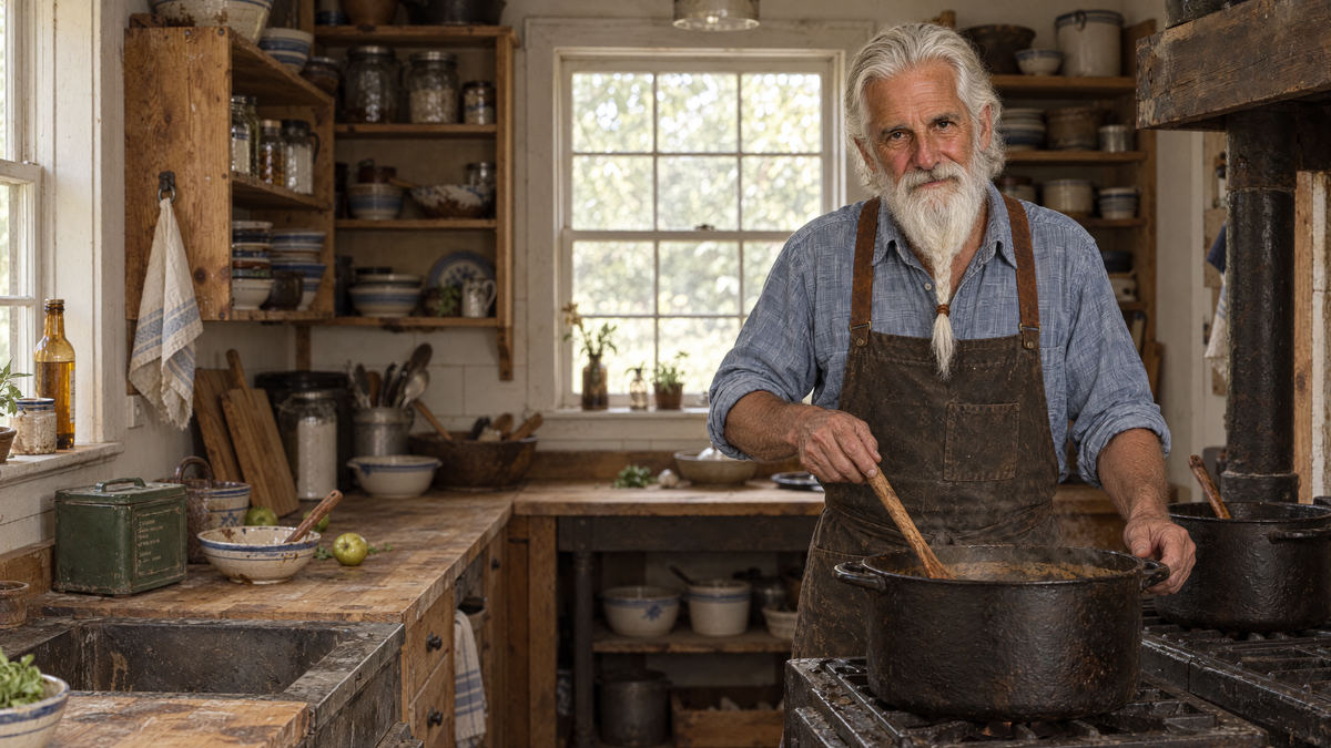 Grandpa Eli stirring a soup pot in his farmhouse kitchen beside Ruth's green recipe tin